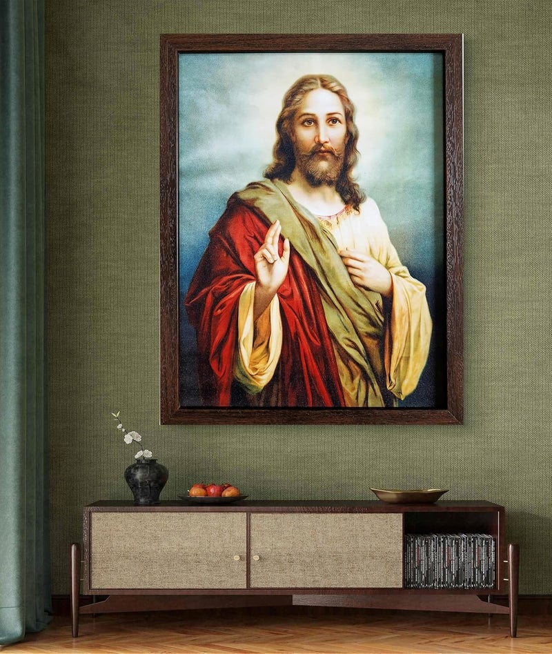 Elegance sacred heart of Jesus Christ painting picture photo poster frame christian art for wall living room bedroom office christmas gifts Painting size- 18.25 height x 13.25 width inch - Image 1