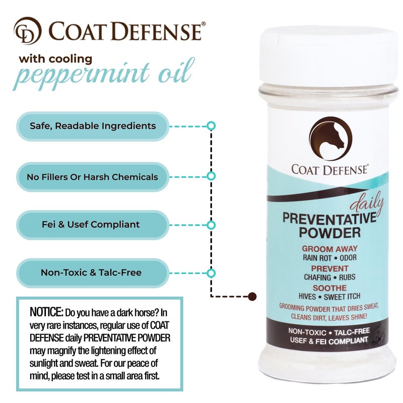 Coat Defense Daily Preventative Powder for Horses - Safe & Effective Equine Sweet Itch, Skin Funk, Scratches, & Rain Rot Treatment - Dry Shampoo for Horses, 8 oz Formula with All Natural Ingredients - Image 3