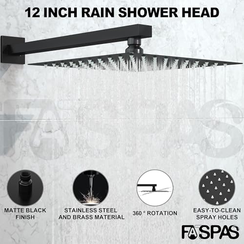 Fatspas Shower Faucet Set, Shower System with 12 Inch Rain Showerhead and Handheld Shower, Wall Mounted High-Pressure Showerhead Combo Set Included Valve and Trim, Matte Black - Image 3