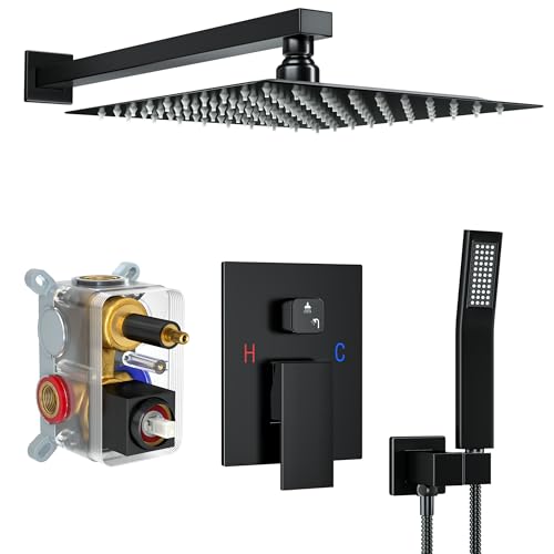 Fatspas Shower Faucet Set, Shower System with 12 Inch Rain Showerhead and Handheld Shower, Wall Mounted High-Pressure Showerhead Combo Set Included Valve and Trim, Matte Black - Image 1
