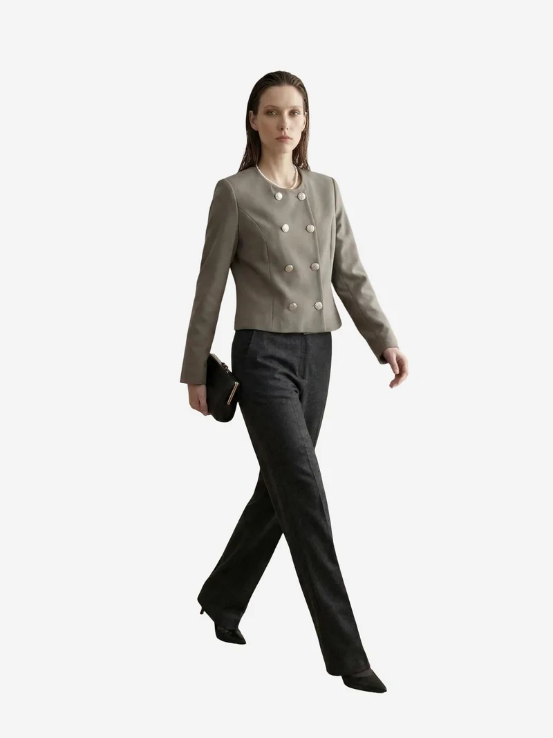 My Fashion Khaki Green MY FASHION Tailored Short Buttoned Tweed Jacket for Women | Best Price UAE