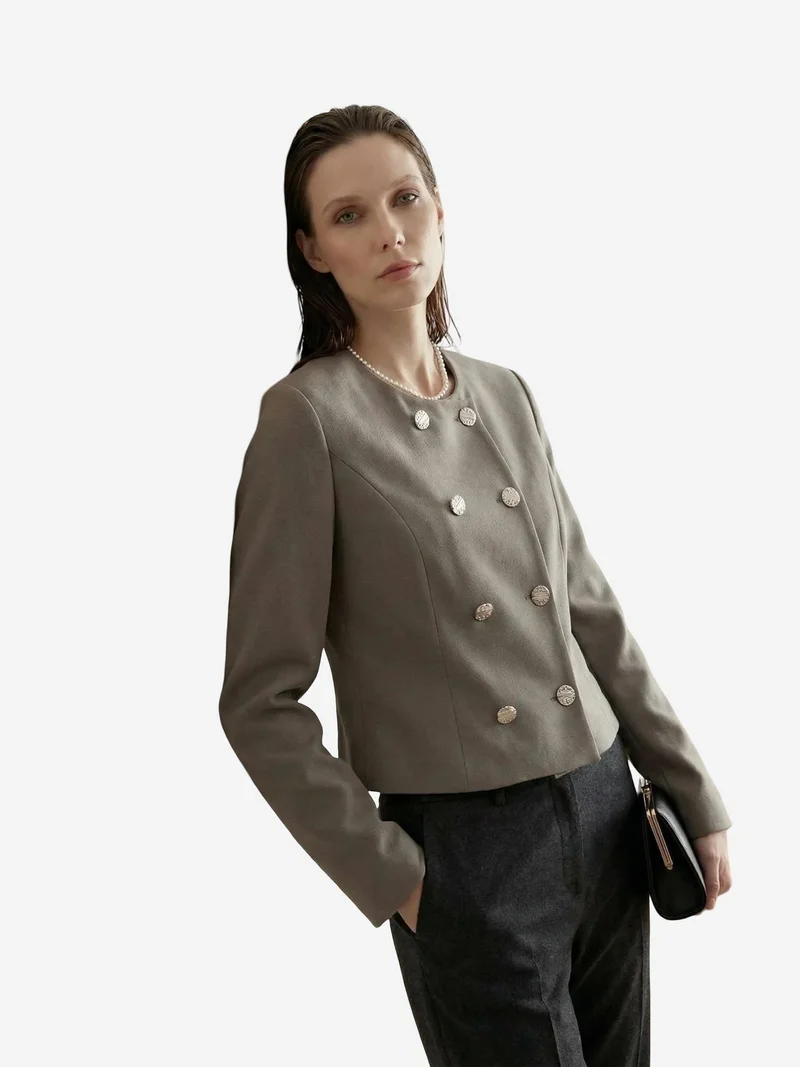 My Fashion Khaki Green MY FASHION Tailored Short Buttoned Tweed Jacket for Women | Best Price UAE