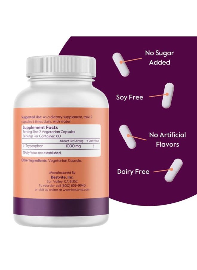 BESTVITE L-Tryptophan 500mg per Capsule (120 Vegetarian Capsules) - No Stearates - No Silica - No Gelatin - Vegan - Gluten Free - Non GMO  - Image 2