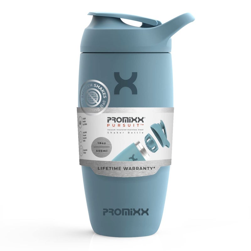 Promixx Pursuit Shaker Bottle Insulated Stainless Steel Water Bottle and shaker Cup 18oz Ocean Calm Blue