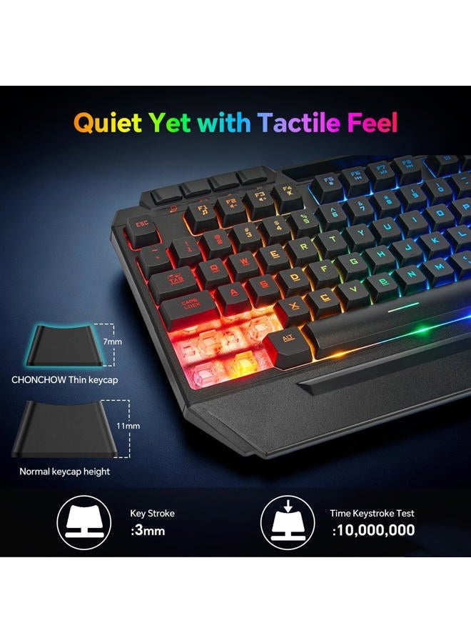 CHONCHOW Gaming Keyboard and Mouse Combo, USB Wired RGB Backlit Anti-Ghosting Silent Keyboard with Ergonomic Wrist Rest & Phone Holder, 7D 7200DPI Gaming Mouse for PC Gamer Xbox PS4 PS5 (RGB-Black) - Image 4