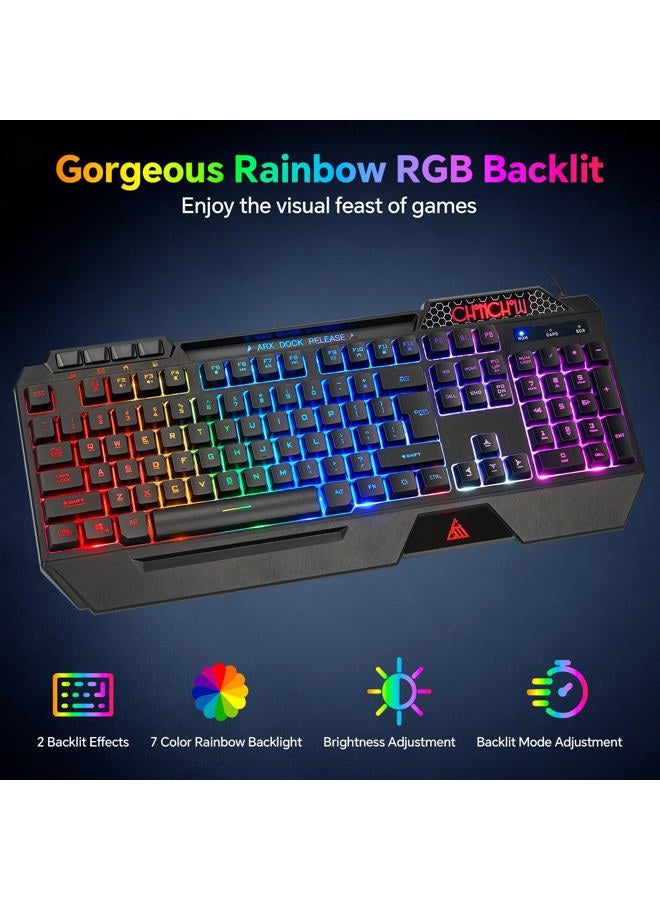 CHONCHOW Gaming Keyboard and Mouse Combo, USB Wired RGB Backlit Anti-Ghosting Silent Keyboard with Ergonomic Wrist Rest & Phone Holder, 7D 7200DPI Gaming Mouse for PC Gamer Xbox PS4 PS5 (RGB-Black) - Image 2