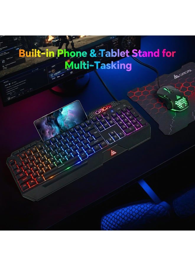 CHONCHOW Gaming Keyboard and Mouse Combo, USB Wired RGB Backlit Anti-Ghosting Silent Keyboard with Ergonomic Wrist Rest & Phone Holder, 7D 7200DPI Gaming Mouse for PC Gamer Xbox PS4 PS5 (RGB-Black) - Image 3