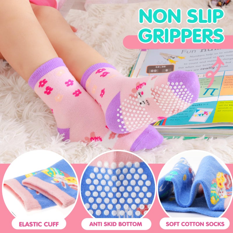 Welwoos Baby Girls Toddlers Grips Socks Kids Non Slip Anti Skid Funny Animal Cartoon Gift Cotton Socks with Grippers 12 Pairs Stocking Stuffers (Flower,9-14 Y) - Image 4