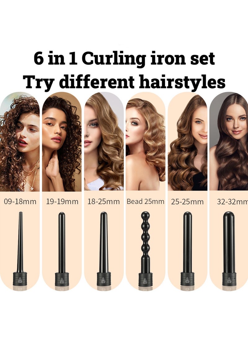 6-in-1 Curling Iron Set with Adjustable Temperature Ceramic Barrel and Insulated Glove Black - Image 2