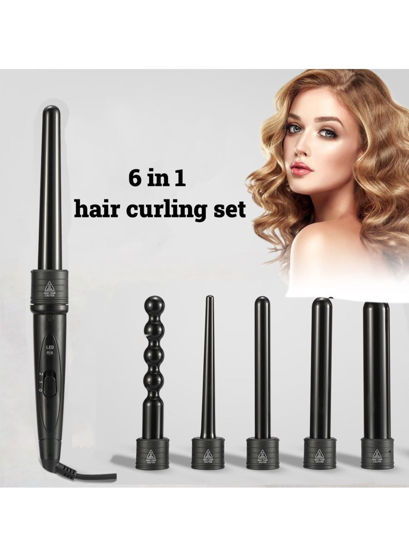 6-in-1 Curling Iron Set with Adjustable Temperature Ceramic Barrel and Insulated Glove Black - Image 1