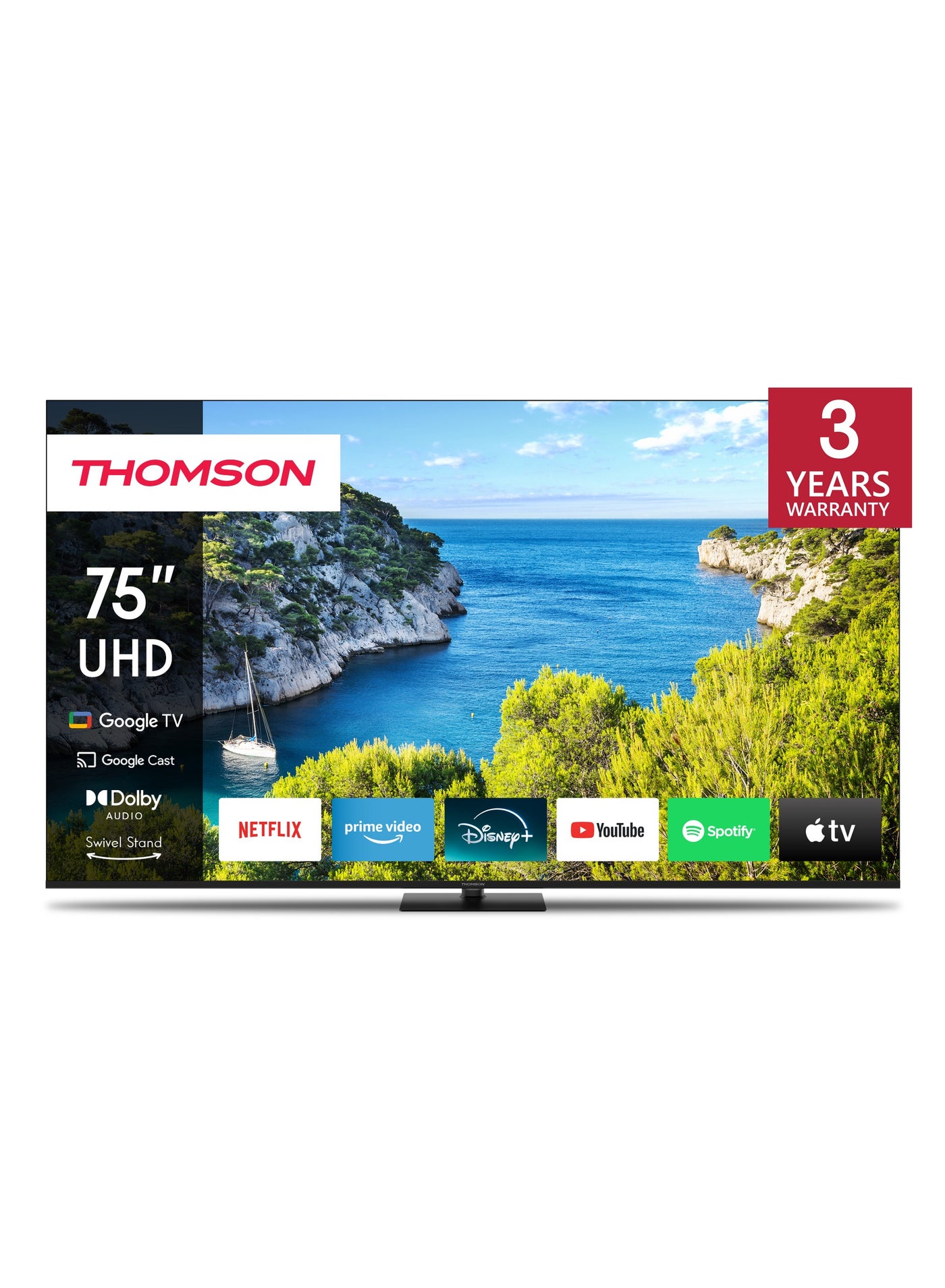 Thomson 75-Inch 4K UHD Smart Google TV – 2025 Model with Central Stand, Smart Voice Control, Google Voice Assistant, Built-in YouTube & Netflix, Frameless Ultra HD LED Display, 3840x2160 Pixels