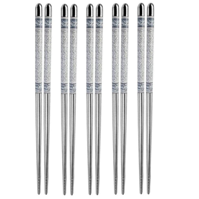 AIMERS Stainless Steel Chopsticks 5 Pairs Grey White Porcelain Pattern NonSlip Lightweight Dishwasher Safe Easy to Use Grey Chop Stick Utensils - Image 1