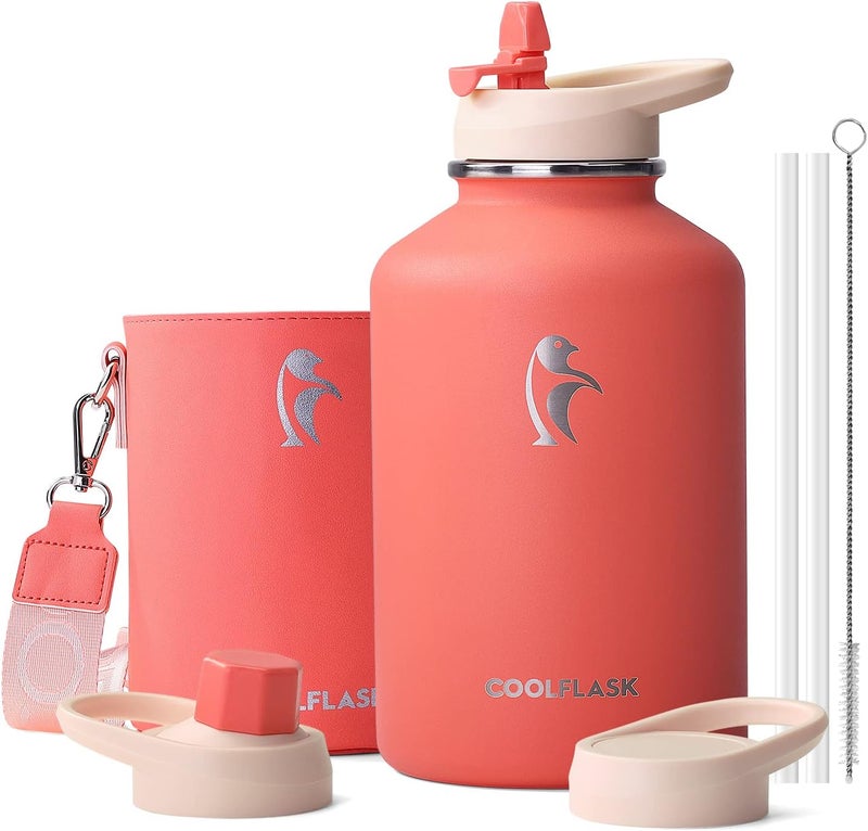 Coolflask 2L Insulated Water Bottle with PU Leather Sleeve, Stainless Steel Water Bottle, Contrast Color with Straw Lid, Keeps Cold for 48h, Keeps Warm for 24h, Orange - Image 1