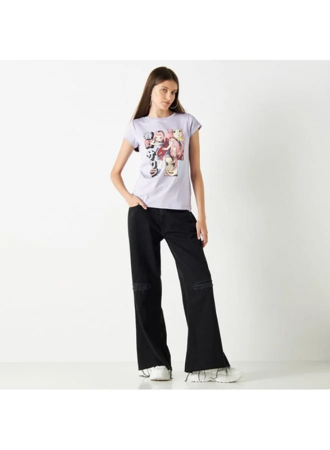 SP Characters Naruto Print T-shirt with Crew Neck and Cap Sleeves