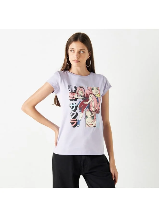 SP Characters Naruto Print T-shirt with Crew Neck and Cap Sleeves