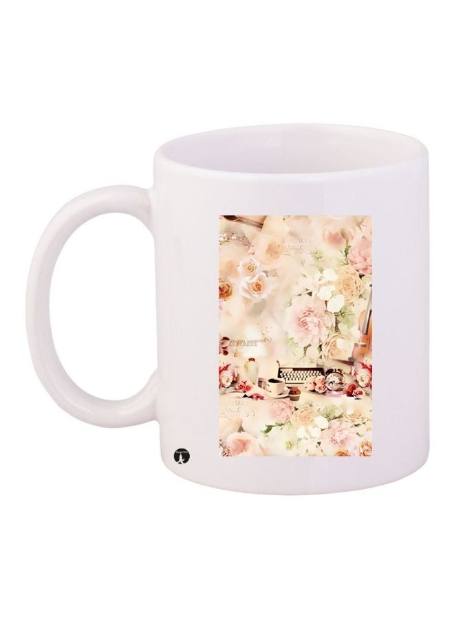 RYN Flower Printed Coffee Mug White/Pink/Beige 11ounce
