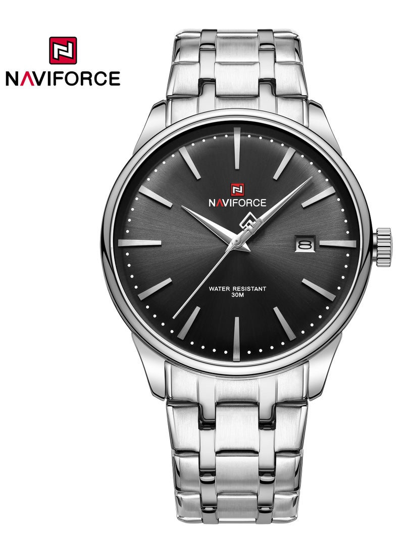 NAVIFORCE Elegant Silver Stainless Steel Analog Wrist Watch for Men with Date Display Water Resistant Classic Design Quartz Movement Stylish Business and Casual Timepiece Durable Bracelet Comfortable Wear  - Image 1