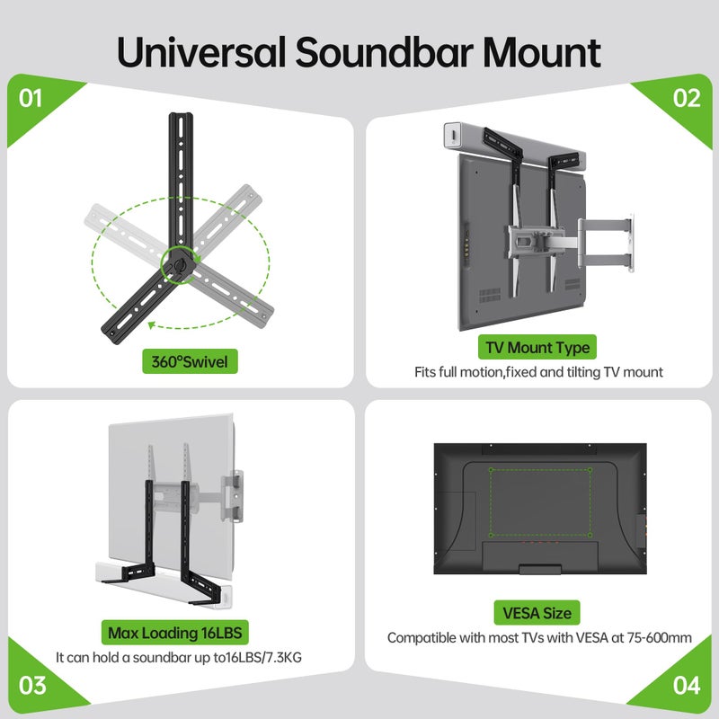 USX MOUNT Soundbar Mount, Sound Bar Mount for Mounting Above or Under TV, Fits Most of Sound Bars Up to 16 Lbs, with Detachable Extension Plates - Image 4