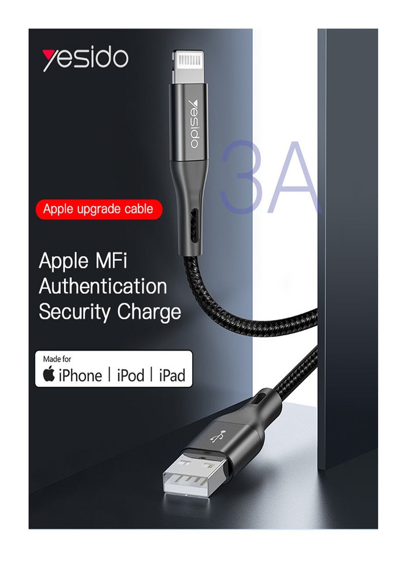 Yesido - Yesido CM10 High Quality Nylon Braided Lightning to USB iPhone / iPad / iPod Data Cable - Black - Image 1