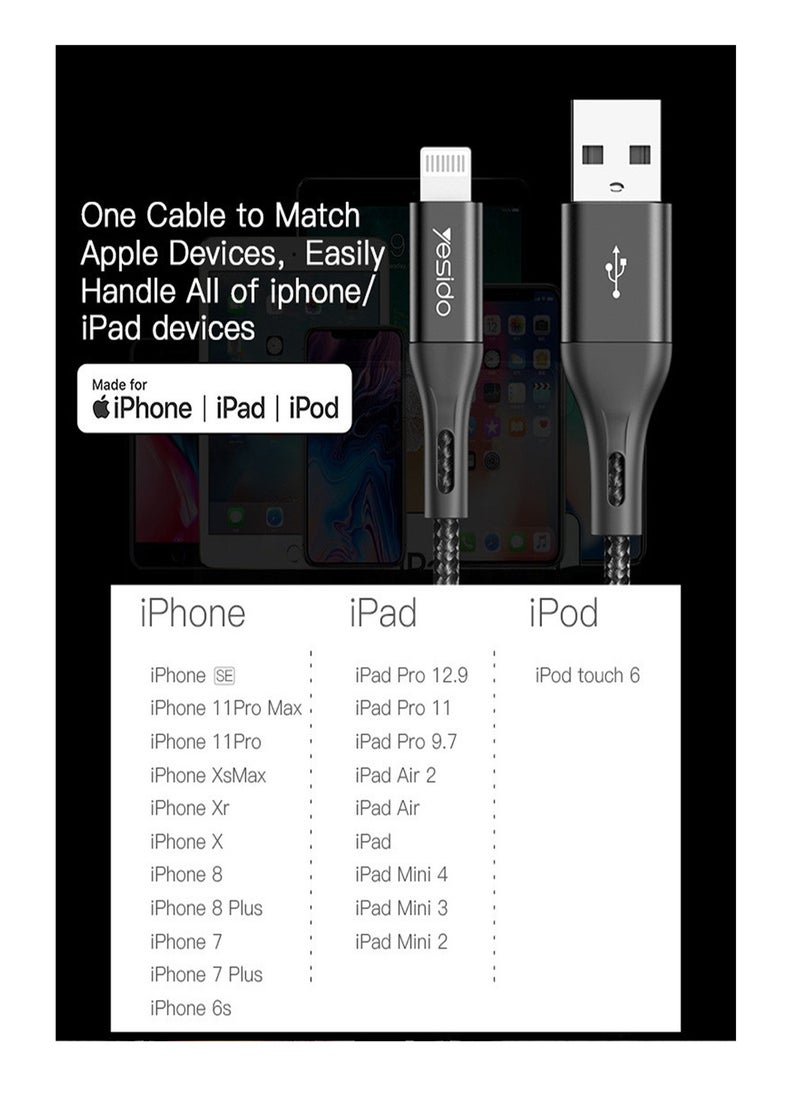 Yesido - Yesido CM10 High Quality Nylon Braided Lightning to USB iPhone / iPad / iPod Data Cable - Black - Image 1