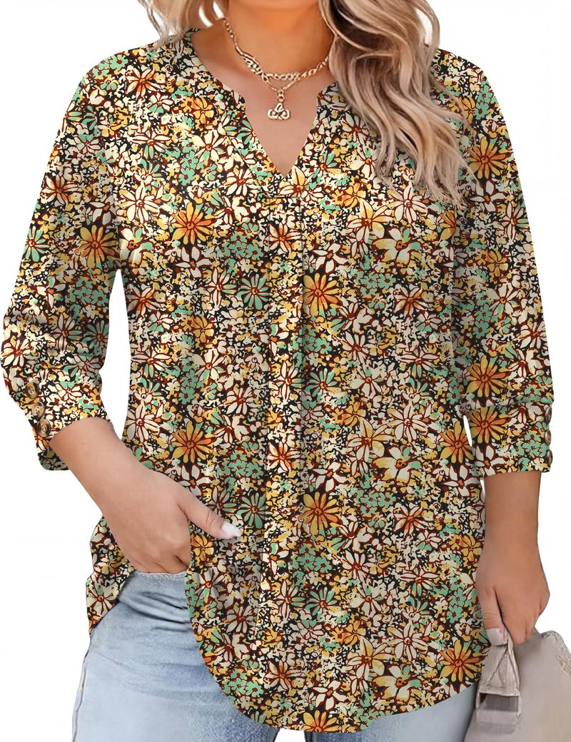 TFSDOD Womens Plus Size Tops 3/4 Length Sleeve Womens Tops V Neck Blouses Pleated Tunic Plus Size Fashion (Black Orange Floral XL) - Image 1