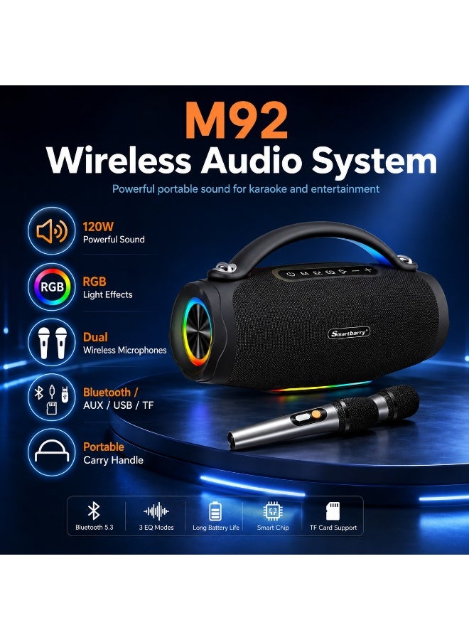 Smartbarry M92 Portable Wireless Bluetooth Karaoke Speaker with Dual Wireless Microphones, 120W High Power Bass, RGB LED Lights, USB/TF Card/AUX Support, Rechargeable Party Audio System – Black - Image 2