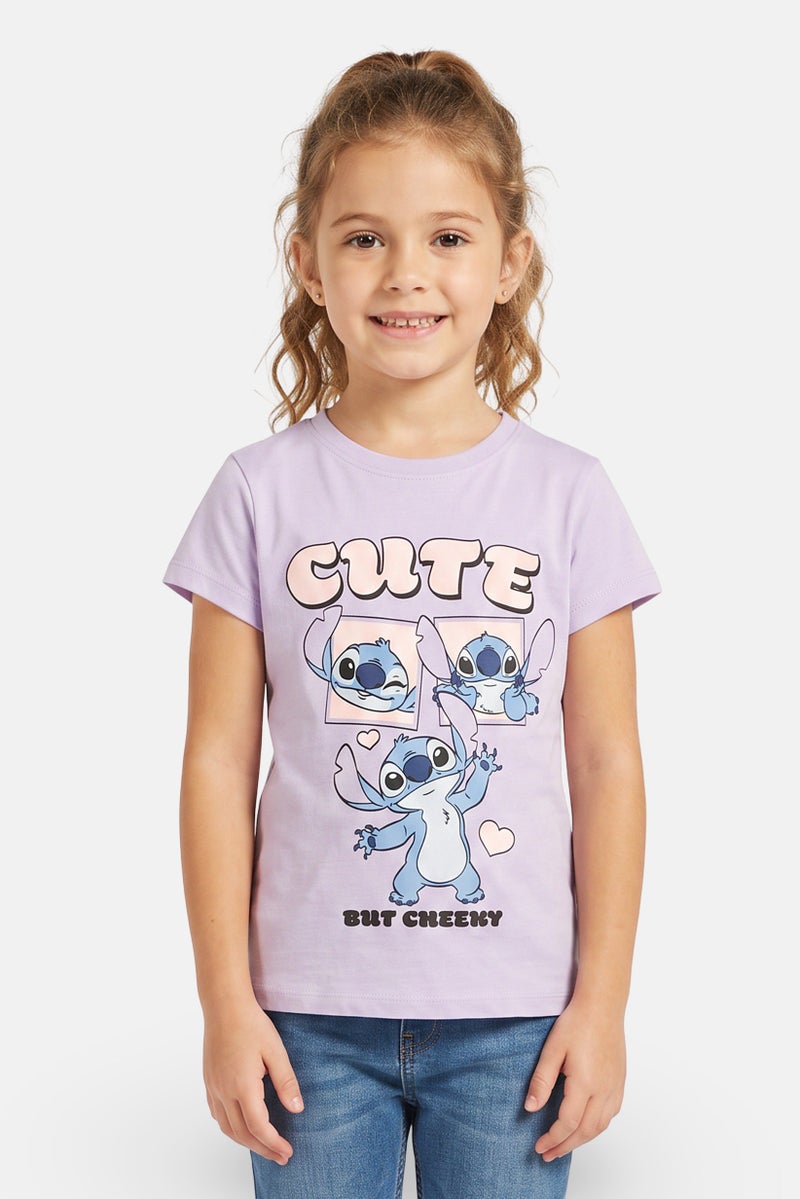 Disney Kids Girl Crew Neck Short Sleeve Lilo And Stitch Print T-Shirt, Lilac - Image 1