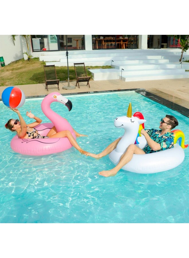 FindUWill - FindUWill 2 Pack 42'' Inflatable Pool Floats Flamingo Unicorn Swim Tube Rings with 2Pcs Beach Balls, Beach Floaties, Swimming Toys, Lake and Beach Floaty Summer Toy, Pool Raft Lounge for Adults Kids - Image 1