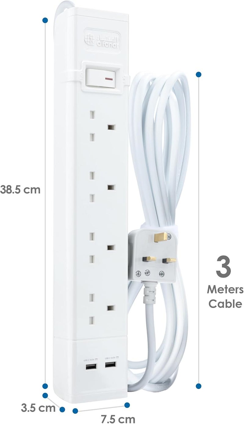 الفنار سلك تمديد 4 مقابس مع 2.1 أمبير 2 منفذ USB، طول 3 أمتار - Image 3