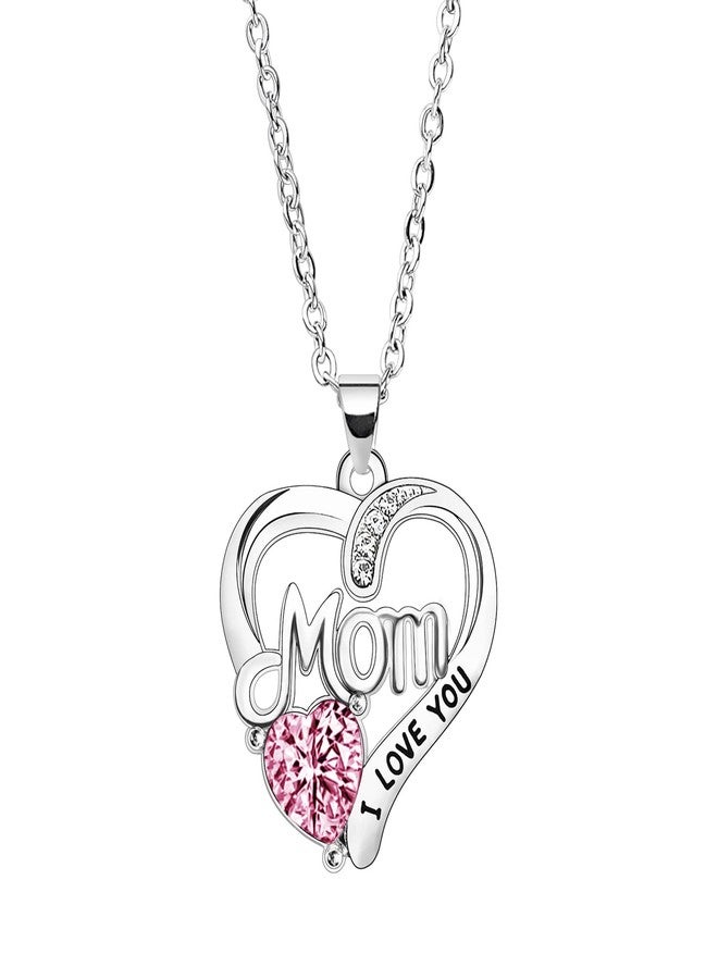 BESPMOSP Pink Heart Rhinestone Necklace, I Love You Mom Gifts for Mother's Day, Birthday, Anniversary & More - Image 1