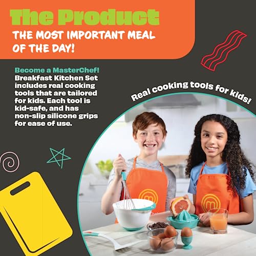 MasterChef Junior Breakfast Cooking Set- 6 Pc Holiday Kit w Real Cooking Tools for Kids & Recipes- Includes Spatula, Mixing Bowl, Whisk, Egg Cup, Juicer- Make Pancakes, Crepes & More - Image 2