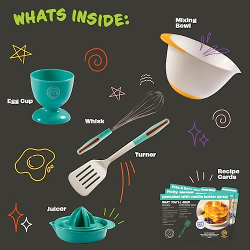 MasterChef Junior Breakfast Cooking Set- 6 Pc Holiday Kit w Real Cooking Tools for Kids & Recipes- Includes Spatula, Mixing Bowl, Whisk, Egg Cup, Juicer- Make Pancakes, Crepes & More - Image 3