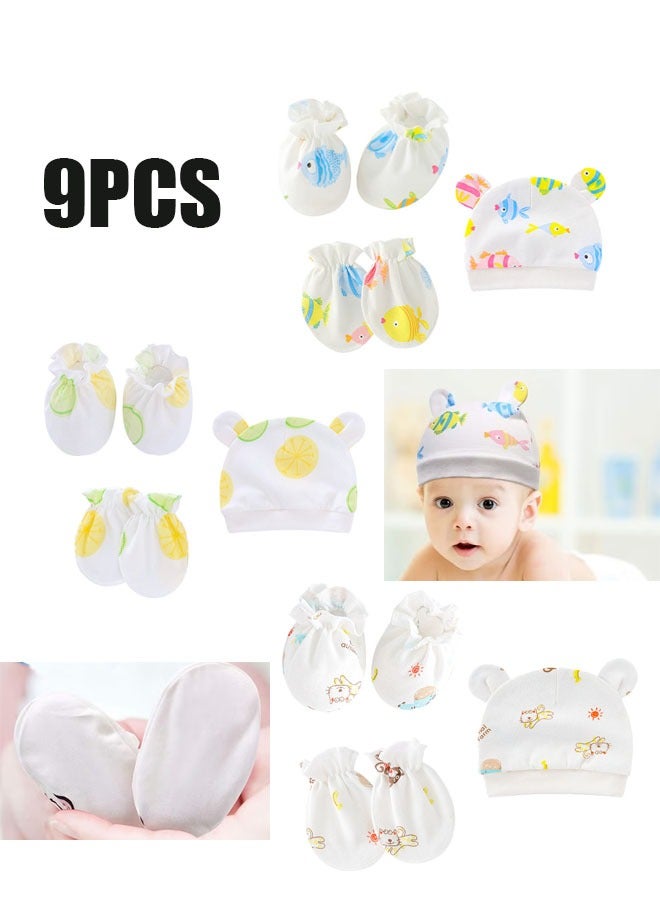ZVEV 9Pcs Newborn Cap Mitten Sock, Including 3 Pieces Newborn Hats, 3 Pairs Baby No Scratch Mittens Gloves and 3 Pairs Infant Socks for 0-6 Months Unisex Baby Boys Girls Set  - Image 1