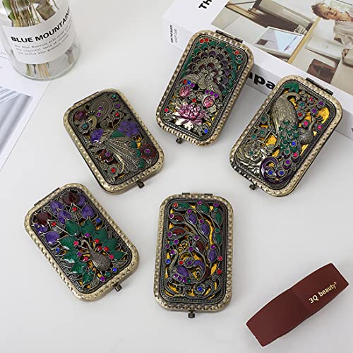 FS COOL Antique Compact Mirror, Magnification & Clear Reflection, Travel Purse Makeup Mirror With Luxury Vintage Peocack Design, Durable & Double-sided Folding Pocket Mirror (Random Pattern, Set of 2) - Image 3