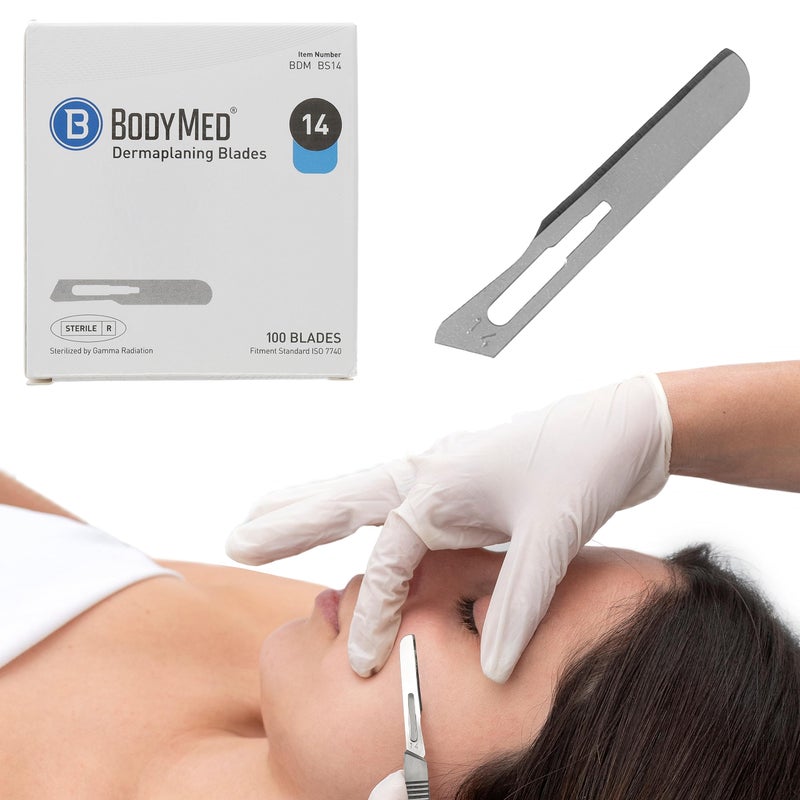 BodyMed شفرات ديرما بلانينغ BodyMed #14 من الفولاذ الكربوني، 100 قطعة - معقمة للإجراءات الجراحية، والعناية بالبشرة، وطب الأقدام مع شفرة مستقيمة للمختصين في التجميل - Image 1