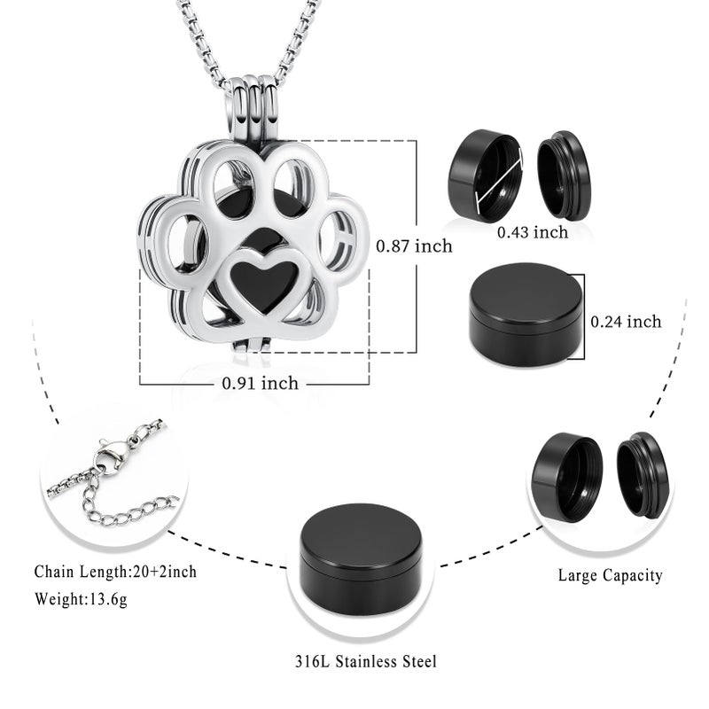 Oinsi Pet Cremation Jewelry For Ashes For Dog/Cat Paw Stainless Steel Memorial Locket Urn Necklace Inside Mini Case Keepsake Cremation Jewelry Women Men (Silver With black) - Image 2