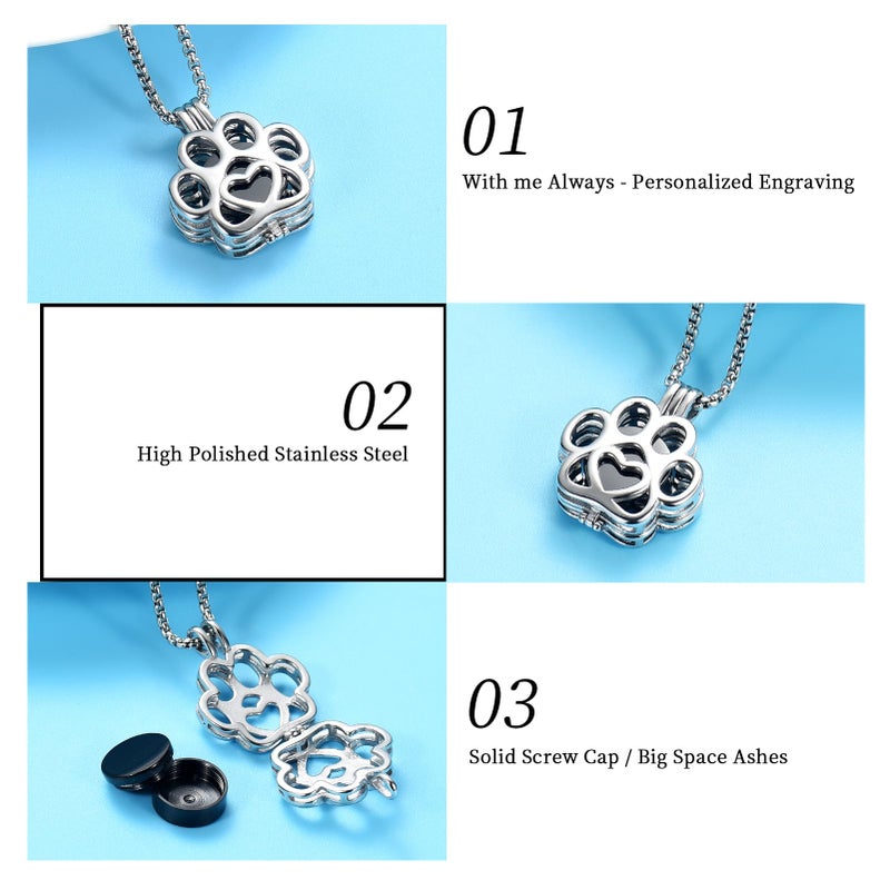 Oinsi Pet Cremation Jewelry For Ashes For Dog/Cat Paw Stainless Steel Memorial Locket Urn Necklace Inside Mini Case Keepsake Cremation Jewelry Women Men (Silver With black) - Image 3