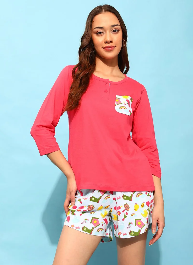 Clovia Clovia Chic Basic Top & Print Me Pretty Shorts Set in Salmon Pink - 100% Cotton