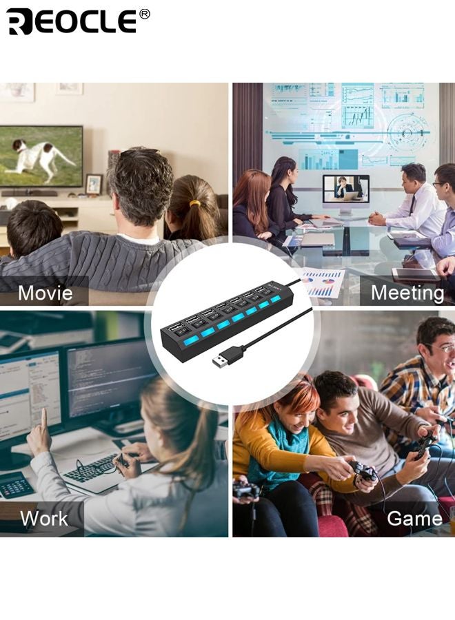 REOCLE 4 Ports USB2.0 Splitter Hub with Individual LED Indicators and Switch SAR Control Sturdy Construction USB-Powered Hub for PC Laptop Multi-Device Connectivity for Flash Drives - Image 5