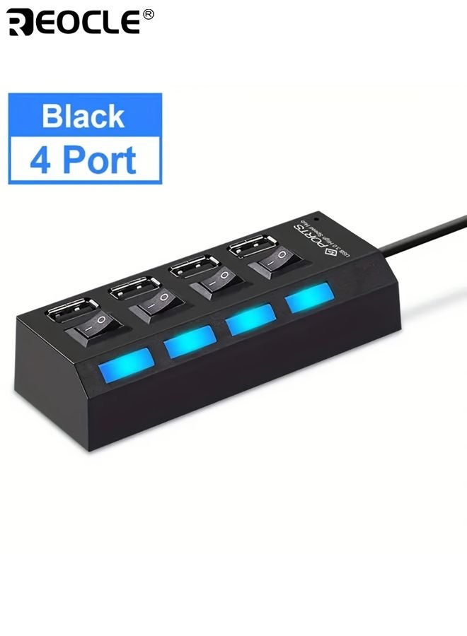 4 Ports USB2.0 Splitter Hub with Individual LED Indicators and Switch SAR Control Sturdy Construction USB-Powered Hub for PC Laptop Multi-Device Connectivity for Flash Drives