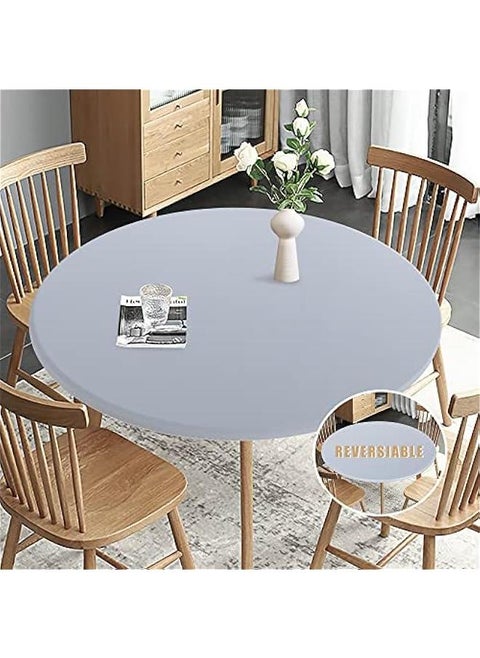 Fitted Round Table Cloth, Reversible Waterproof Stain Resistant Elastic Stretch Tablecloth, Wipe Clean Table Cover for Outdoor/Indoor Use, Fits Round Tables up to 48 - 56 Diameter, Silver
