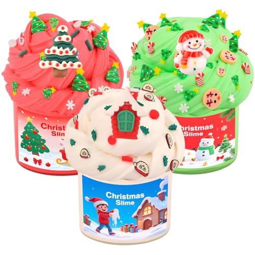 TITRITH Christmas Slime Kit with 3 Pack Butter Slime Red Green White Slime Xmas Stickers and Charms Party Favors Gift for Girls and Boys Super Soft and NonSticky DIY Surprise Slime Stocking Stuffers - Image 1