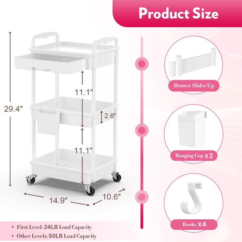 SUNALLY Makeup Cart Organizer with Drawers, Floor Skincare Organizers Vanity Storage Organizer, Rolling Makeup Bathroom Storage Cart Cosmetics Display Cases for Skin Care Perfume Nail Polish, White - Image 2
