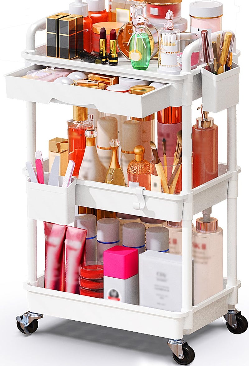 SUNALLY Makeup Cart Organizer with Drawers, Floor Skincare Organizers Vanity Storage Organizer, Rolling Makeup Bathroom Storage Cart Cosmetics Display Cases for Skin Care Perfume Nail Polish, White - Image 1