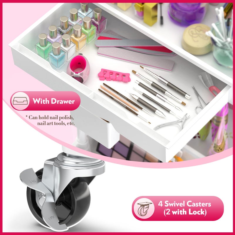 SUNALLY Makeup Cart Organizer with Drawers, Floor Skincare Organizers Vanity Storage Organizer, Rolling Makeup Bathroom Storage Cart Cosmetics Display Cases for Skin Care Perfume Nail Polish, White - Image 3