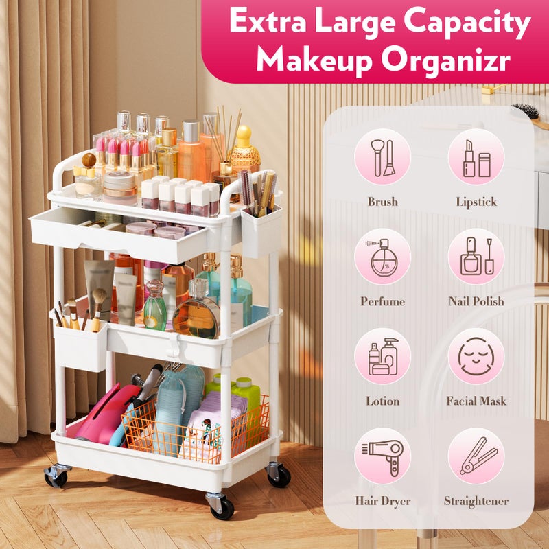 SUNALLY Makeup Cart Organizer with Drawers, Floor Skincare Organizers Vanity Storage Organizer, Rolling Makeup Bathroom Storage Cart Cosmetics Display Cases for Skin Care Perfume Nail Polish, White - Image 4