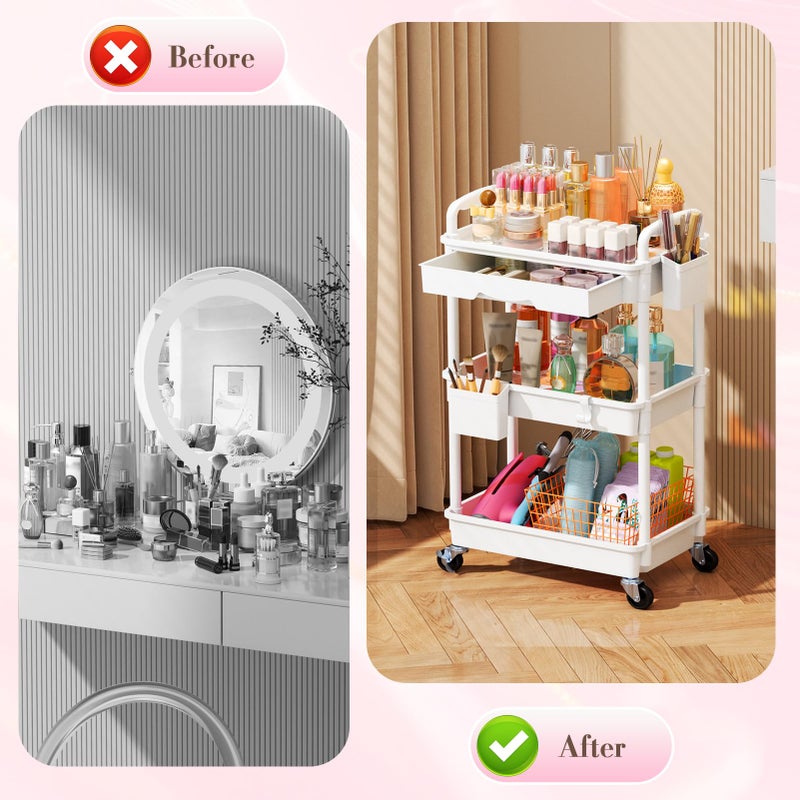 SUNALLY Makeup Cart Organizer with Drawers, Floor Skincare Organizers Vanity Storage Organizer, Rolling Makeup Bathroom Storage Cart Cosmetics Display Cases for Skin Care Perfume Nail Polish, White - Image 5