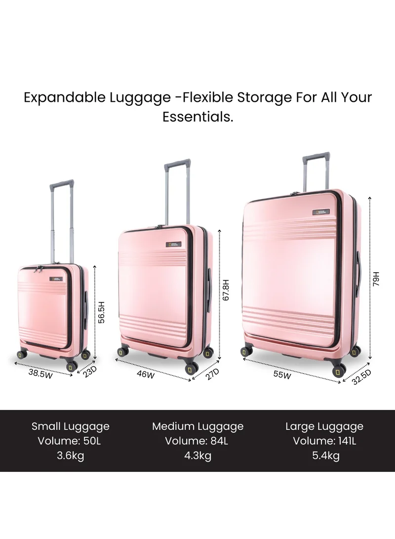 NATIONAL GEOGRAPHIC National Geographic Lodge Travel Suitcase Set, 100% PC Durable Lightweight Hard Shell Expandable Luggage, 4 Double Wheel, TSA Lock 3pcs Trolley Bag Rose Gold (20+24+28 Inch).