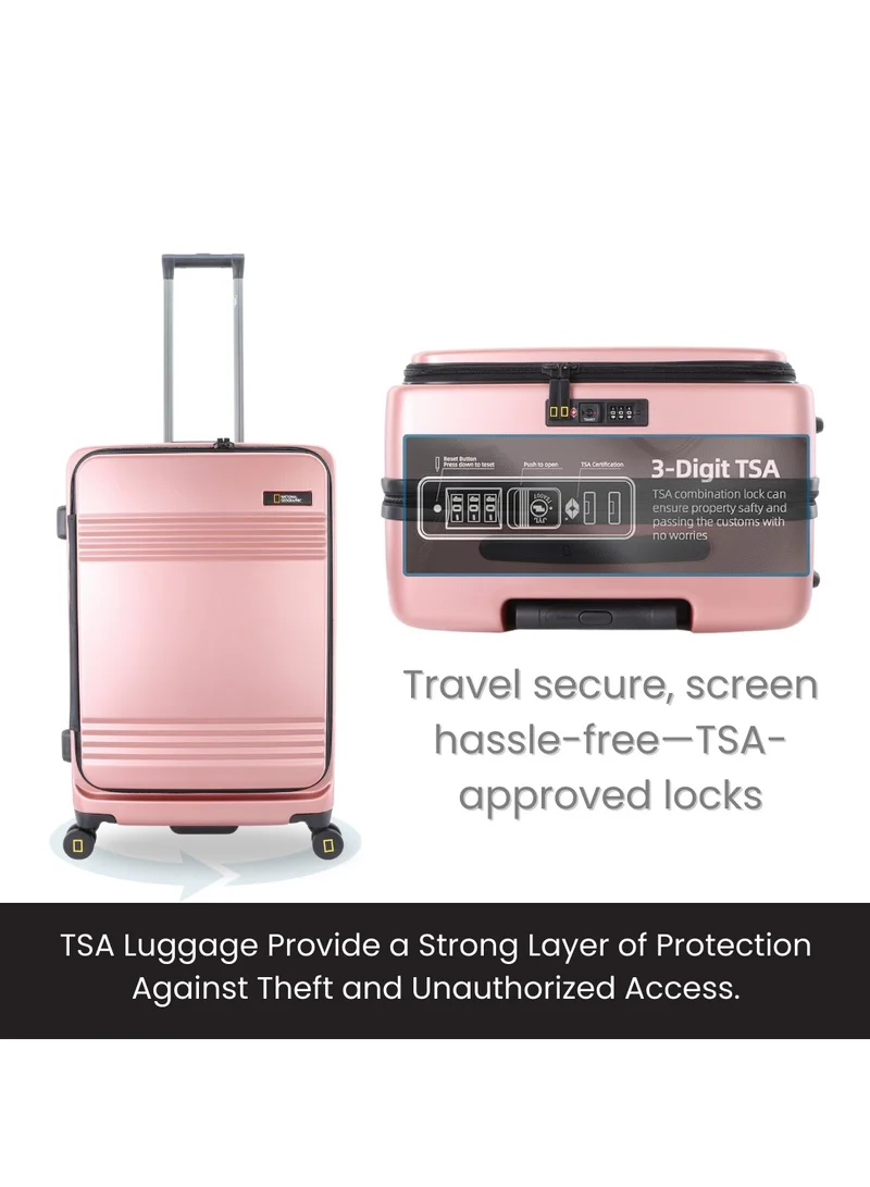 NATIONAL GEOGRAPHIC National Geographic Lodge Travel Suitcase Set, 100% PC Durable Lightweight Hard Shell Expandable Luggage, 4 Double Wheel, TSA Lock 3pcs Trolley Bag Rose Gold (20+24+28 Inch).