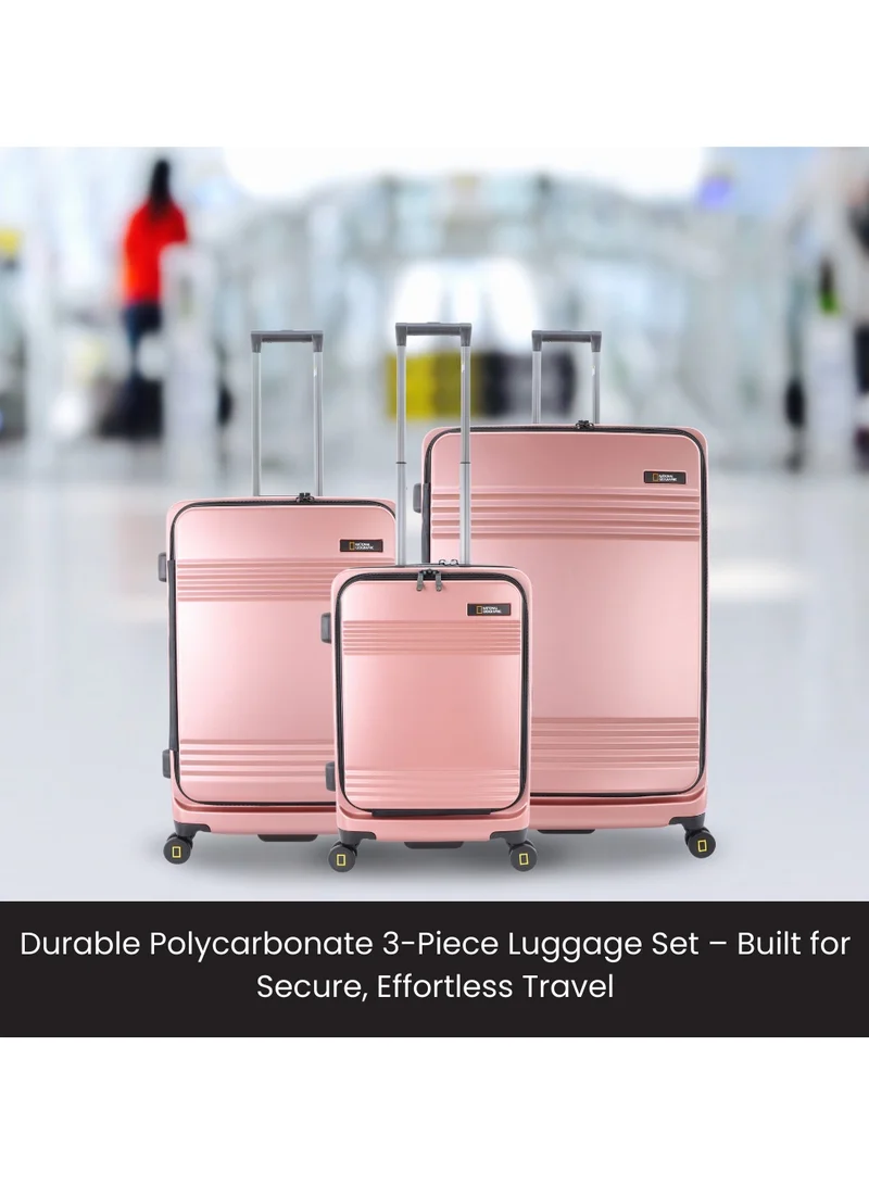 NATIONAL GEOGRAPHIC National Geographic Lodge Travel Suitcase Set, 100% PC Durable Lightweight Hard Shell Expandable Luggage, 4 Double Wheel, TSA Lock 3pcs Trolley Bag Rose Gold (20+24+28 Inch).